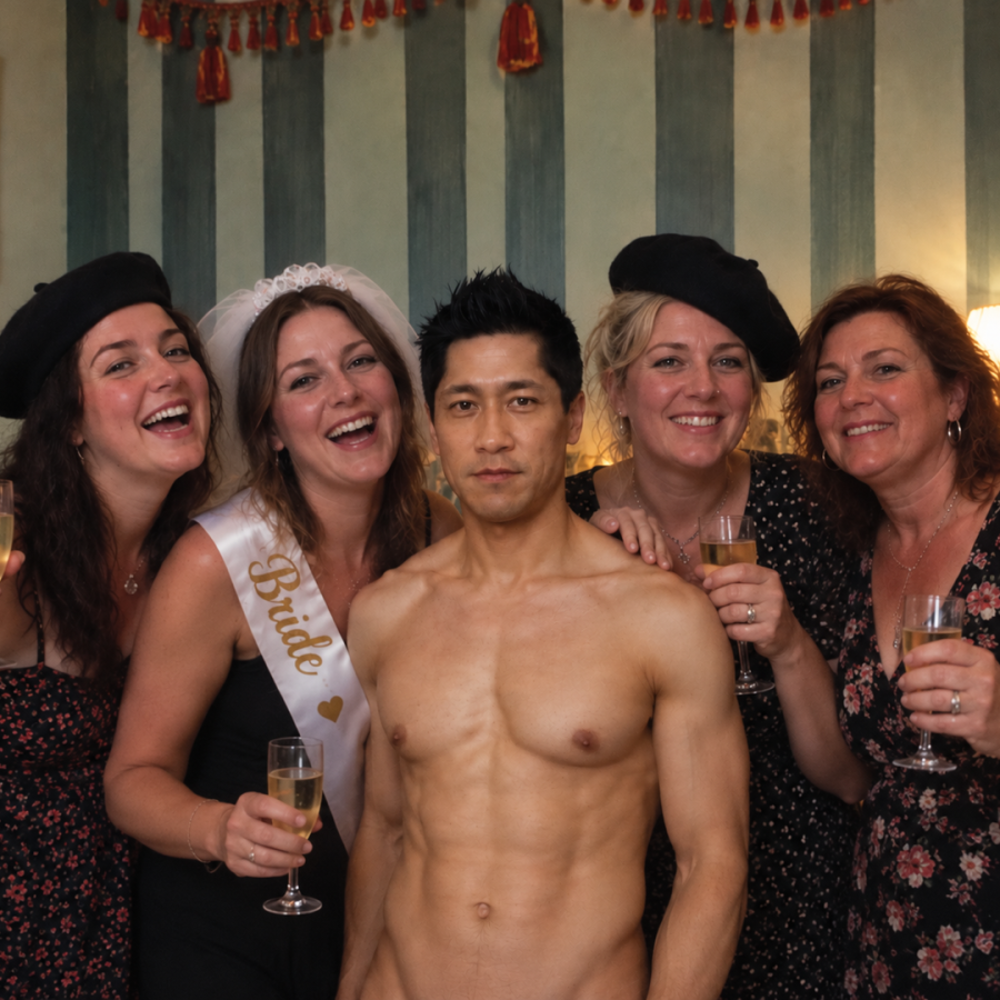 Large group shot of bride tribe holding their nude art drawings after life drawing hen party.